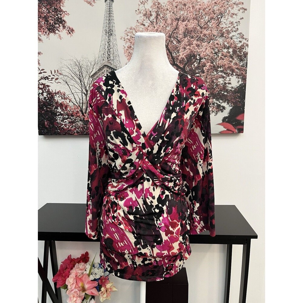 Lane Bryant Faux Wrap Top Blouse 18/20W Pink Black Abstract Floral VNeck Stretch